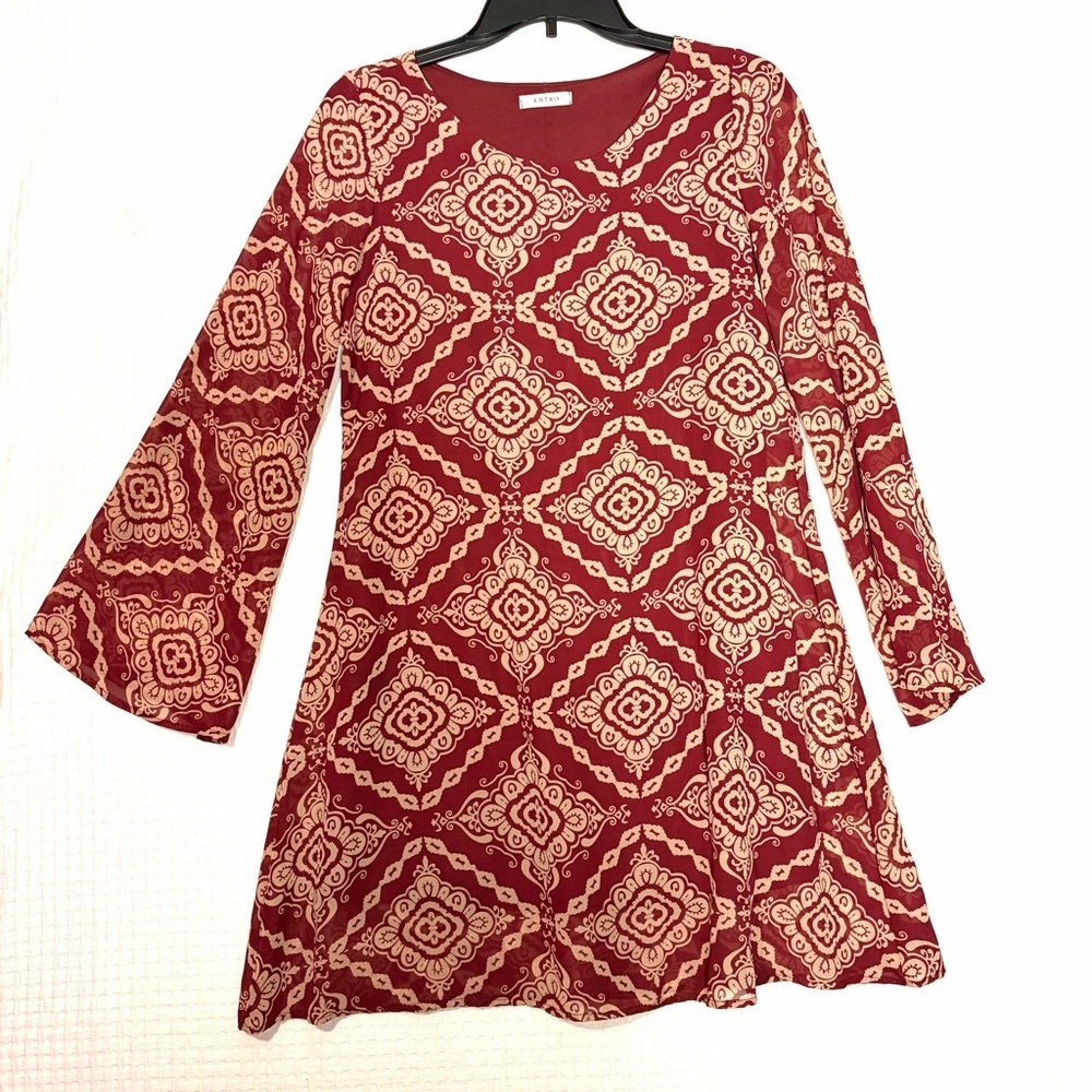 Entro Wine Red Diamond Print Mod Shift Dress Flare Sleeves Boho Western Size S